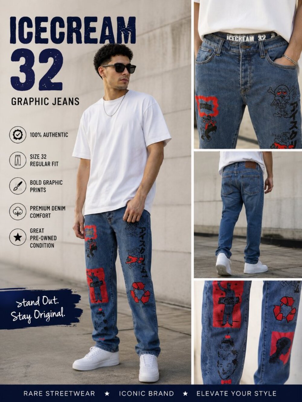ICECREAM Graphic Print Streetwear Jeans Blue Denim Men’s Size 32